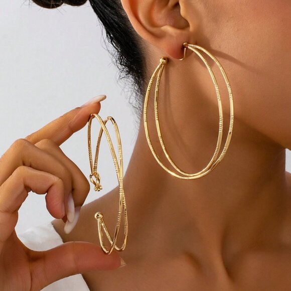14K Gold Womens 3" Large Twisted Clip On Hoop Earrings Ladies 14K Silver Jewelry - Picture 1 of 5